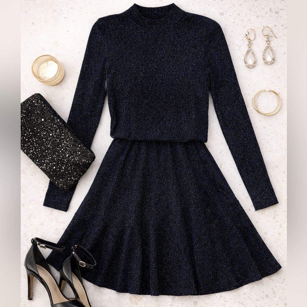 City Studios Blouson Fit & Flare Dress Black Cobalt Size Small NWT